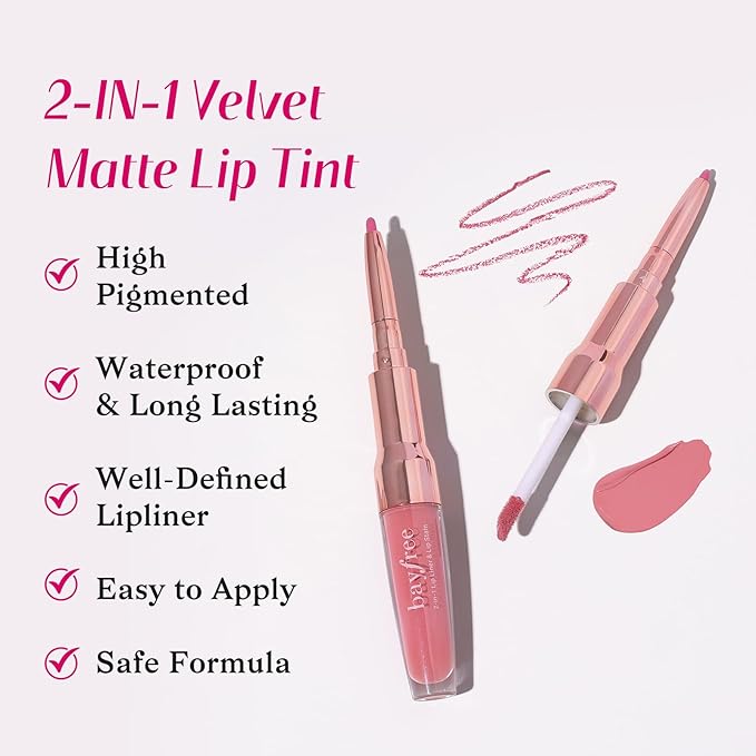 bayfree 2-IN-1 Lip Liner and Lip Stain, High Pigmented Long Lasting Velvet Lip Tint, Well-Defined Lipliner, Weightless Waterproof Not Animal Tested, Matte Finish Makeup