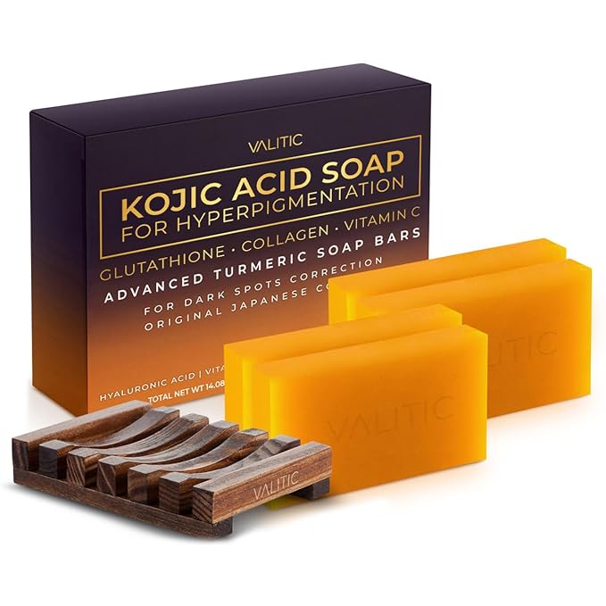 VALITIC Kojic Acid Soap for Hyperpigmentation - with Glutathione, Collagen & Vitamin C - Natural Soap Bars with Turmeric - Original Japanese Complex for Dark Spot Correction - 4 Pack + Holder