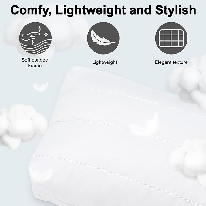DOB SECHS Quilted Makeup Bag with Handle Detachable Cute Puffy Cotton Cosmetic Bags for Women, Small Puffer Toiletry Zipper Make Up Pouch, Quilt Clutch Bag Travel Organizer Storage Pouches Case, White