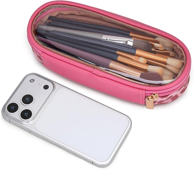 Montana West X Wrangler Travel Makeup Bag 2pcs Set Large Cosmetic Bag with Makeup Brush Holder Portable Make Up Organizer Cute Toiletry Bag with Divider and Handle for Women Leopard