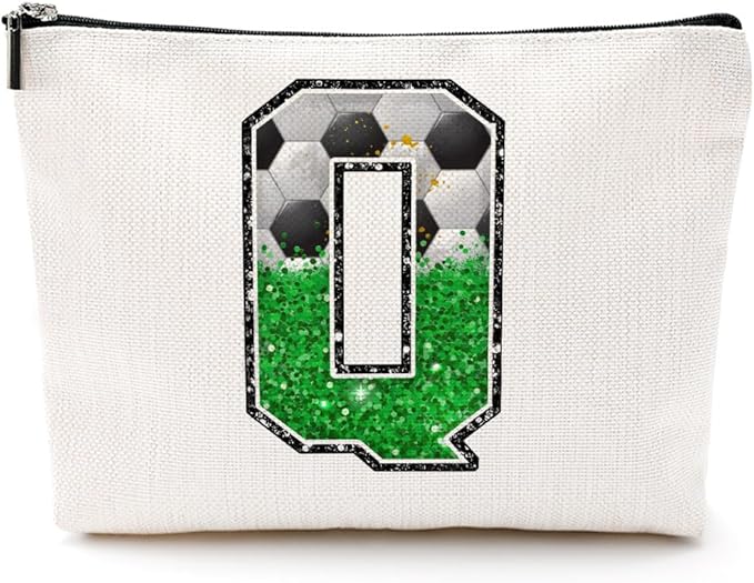 Soccer Gifts Initial Makeup Bag Monogrammed Cosmetic Bag Letter Q Zipper Pouch Soccer Accessories for Girls Women Player Coach Friend Stuff Graduation Birthday Gifts