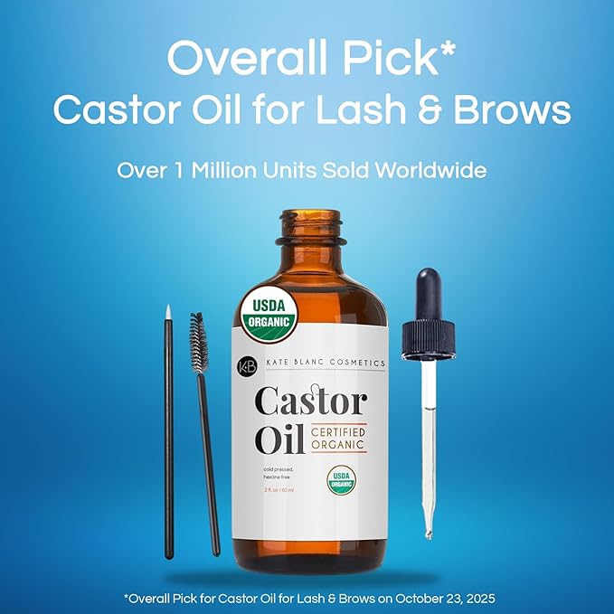 Kate Blanc Cosmetics Castor Oil Organic for Hair, Lashes, Face (2oz), 100% Pure, Cold Pressed, Hexane Free. Eyelash Serum for Thicker-Looking Eyelashes & Eyebrows