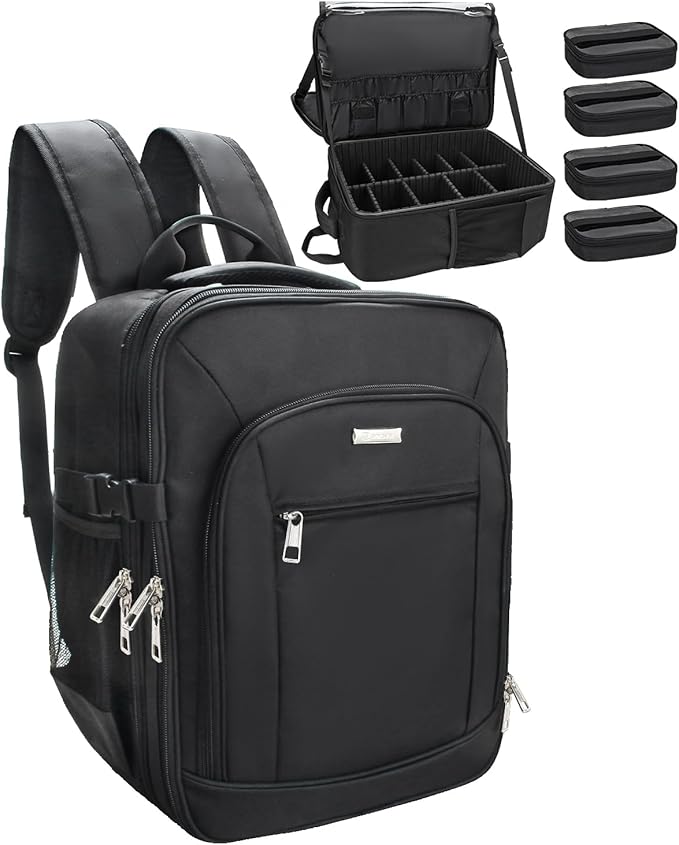 TANTO Makeup Backpack Makeup Artist Bag Professional Extra Large Cosmetic Bag Travel Train Case Storage Organizer Double-Layer Large Capacity Cosmetic Case with 4 Pouch(Black)