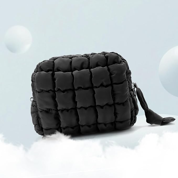 Puffy Quilted Makeup Bag Small Puffer Bag Cosmetic Bags Travel Toiletry Purse for Women, Cute Organizer Pouch, Black
