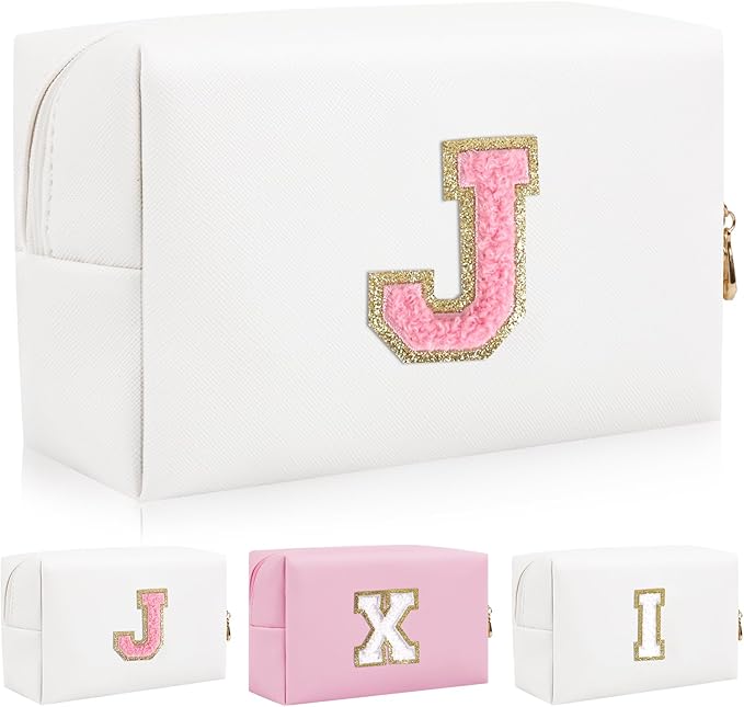 Iqimott Personalized Initial Letter Patch Makeup Bag, Preppy Portable Chenille Letter Cosmetic Bag with Zipper, PU Leather Waterproof Travel Toiletry Bag Monogram Make Up Pouch Girls(Letter J)