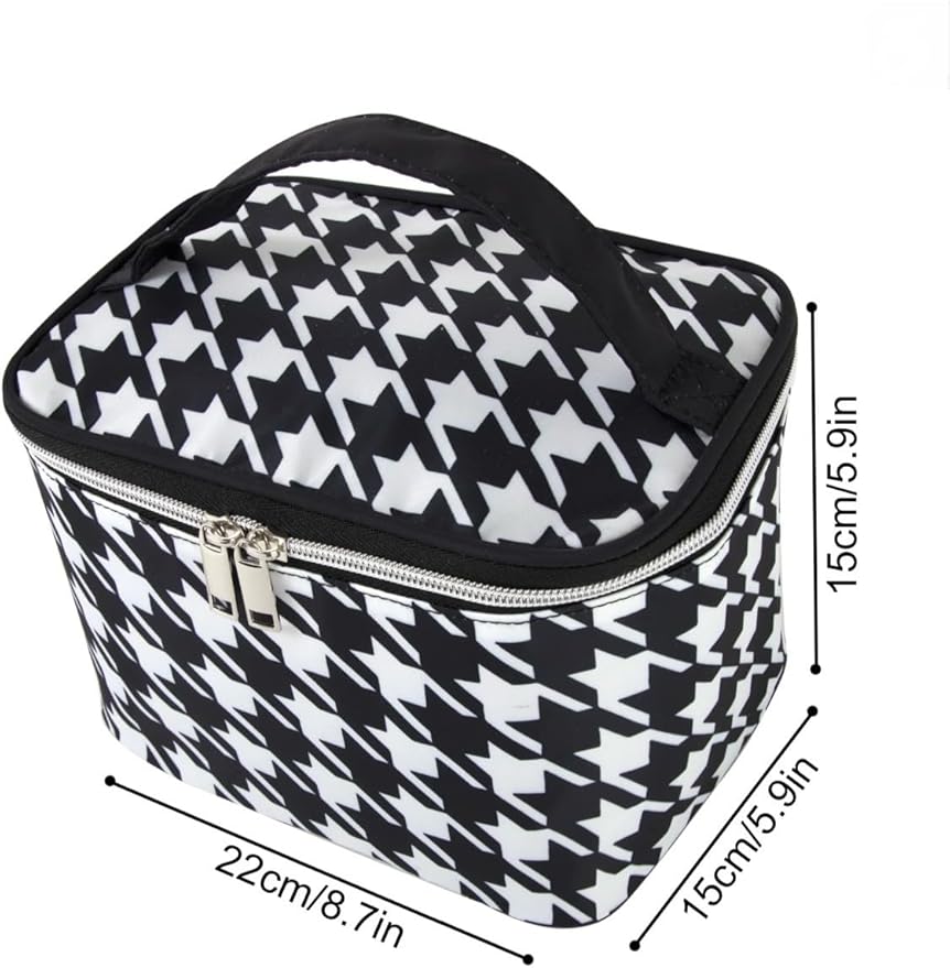 Cosmetic Bag, Travel Case, Makeup Bag, Houndstooth pattern, with Two-Way Zippers, Water Resistant, Fully Lined, 8.7 x 5.9 x 6 inches, Black and White