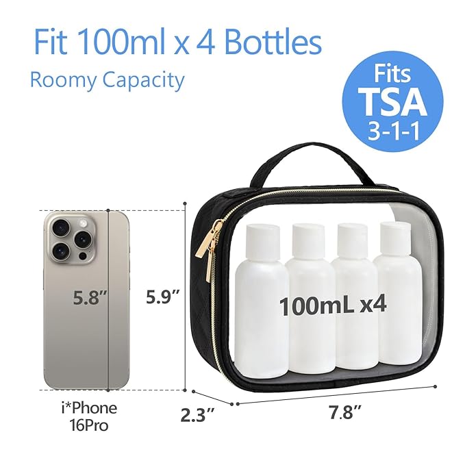 PACKISM TSA Approved Toiletry Bag, 3 Pack Clear Makeup Bags with Handle Large Opening, Clear Toiletry Bags Fit Carry-on Travel Essentials, Quart-sized Travel Bags for Toiletries, Black