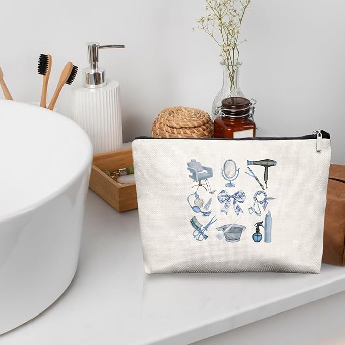 Blue Chinoiserie Bow Hairstylist Makeup Bag, Cosmetology Student Gift for Women, Cute Hairdresser Travel Pouch, Aesthetic Blue Toile Salon Organizer for Teen Girls, 7.5 x 10 in