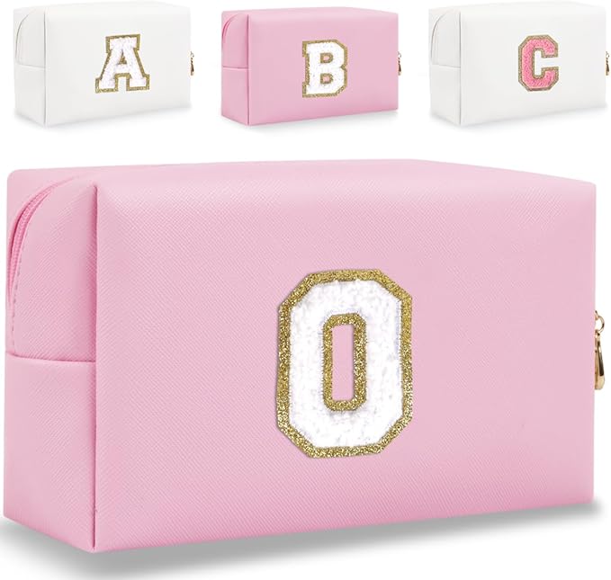 Small Personalized Letter Makeup Bag, Cute PU Leather Chenille Letters Cosmetic Bag Travel Makeup Pouch, Preppy Travel Organizer Zipper Pouch for Women&Girls（Pink-O）