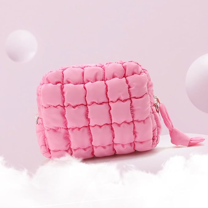 Puffy Quilted Makeup Bag Small Puffer Bag Cosmetic Bags Travel Toiletry Purse for Women, Cute Organizer Pouch, Pink
