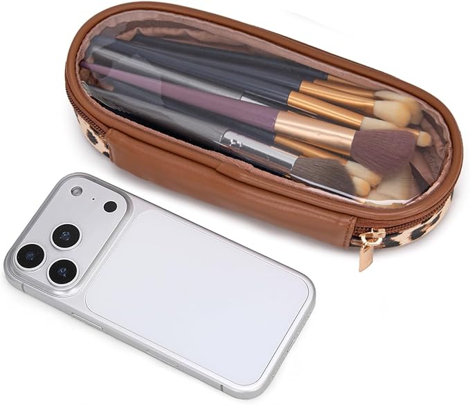 Montana West X Wrangler Travel Makeup Bag 2pcs Set Large Cosmetic Bag with Makeup Brush Holder Portable Make Up Organizer Cute Toiletry Bag with Divider and Handle for Women Leopard