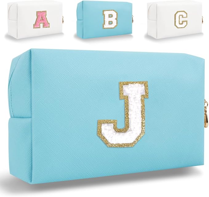 Small Personalized Letter Makeup Bag, Cute PU Leather Chenille Letters Cosmetic Bag Travel Makeup Pouch, Preppy Travel Organizer Zipper Pouch for Women&Girls（Blue-J）