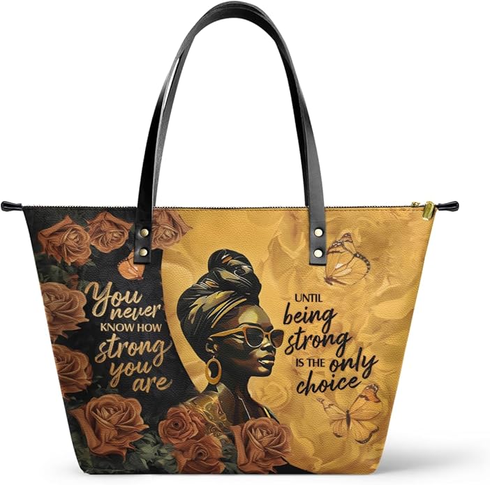 African Black Women's Leather Tote Bag, Large, Premium Vegan Leather, Full Zip, Perfect Christmas Gifts For Women