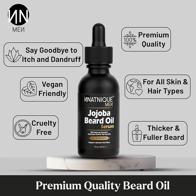 Natnique Jojoba Beard Oil for Men with Vitamin E & Tea Tree – Organic Conditioner & Growth Oil – Moisturizer for Facial Hair, Mustache & Dry Skin – Softener for Itch, Dandruff & Grooming Care – 1 oz