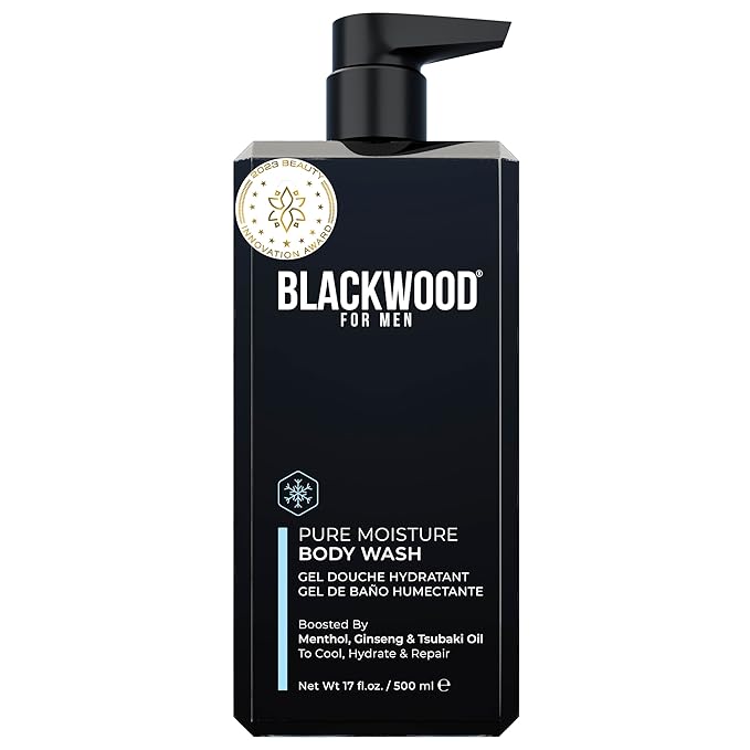 Blackwood For Men Pure Moisture Body Wash - Natural Mens Body Wash with Ginseng & Cooling Menthol - Sulfate Free Moisturizing Cleanser & Bodywash for Dry Skin or Sensitive Skin - Dye Free, Vegan, 17oz