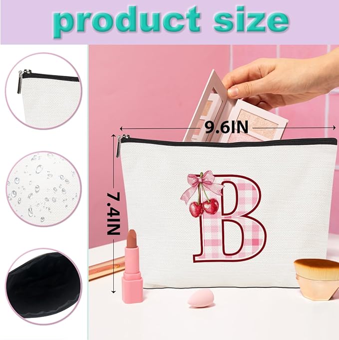 Initial Makeup Bag Monogram Cosmetic Bag Monogrammed Gifts for Women Girls Friends Coworker Daughter Personalized Travel Toiletry Bag Christmas Bridal Shower Wedding Bridesmaid Gifts, Cherry B