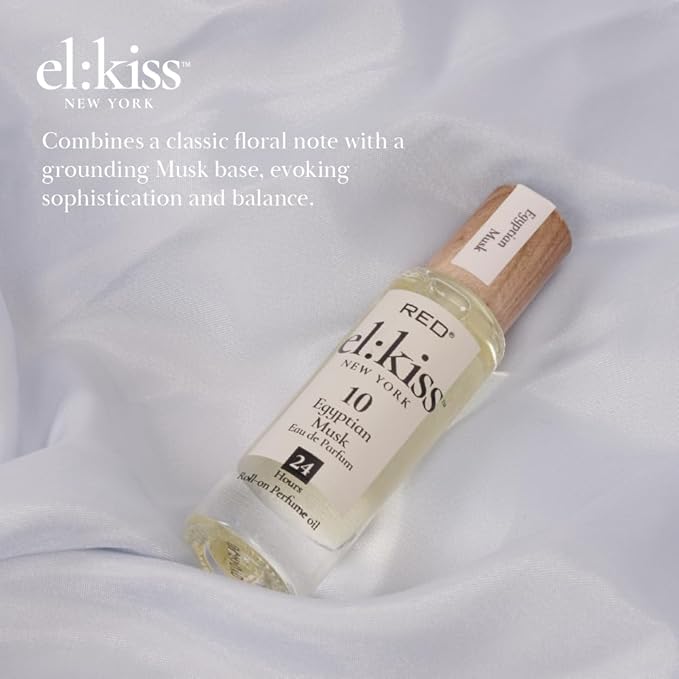 EL:KISS Roll On Perfume, Egyptian Musk Eau de Parfum 12mL (.40 Fl Oz), Hydrating & Long-Lasting, Alcohol-Free & Mineral Oil-Free, Infused with Jojoba, Argan & Coconut Oil