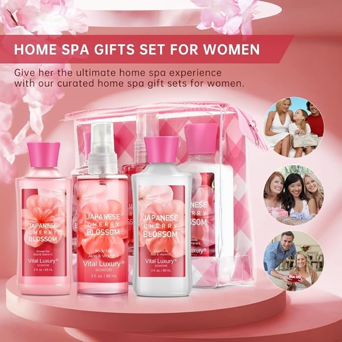 Japanese Cherry Blossom Spa Gift Set for Women and Girls, Bath and Body Care Kit with Gel, Lotion, Mist, Travel Size, with Natural Extracts - Body Care Kit for Birthday, Mother's Day, Christmas Gifts