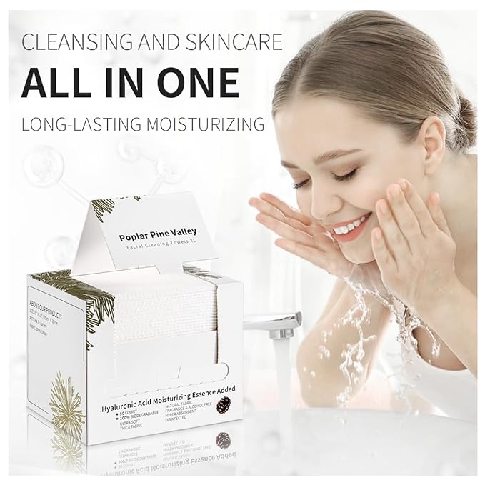 Face Cleaning Towels, Makeup Remover Dry Wipes, Hyaluronic Acid, Skincare Towels for Face, Cleansing and Moisturizing, Cotton, Thick Soft, Travel, 50 Ct, 1 Pack