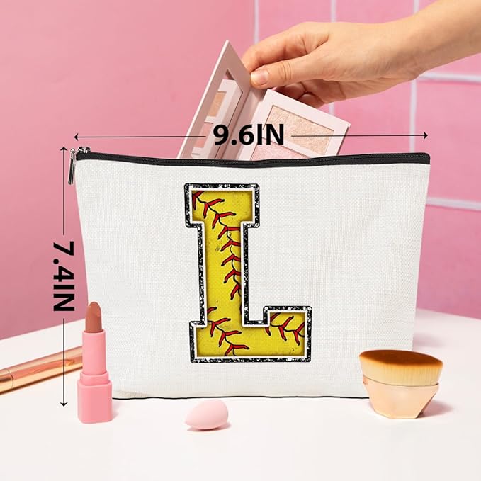 Monogrammed Cosmetic Bag - Initial Makeup Bag with Letter L Zipper Pouch - Softball Accessories for Girls & Women - Graduation & Birthday Gifts