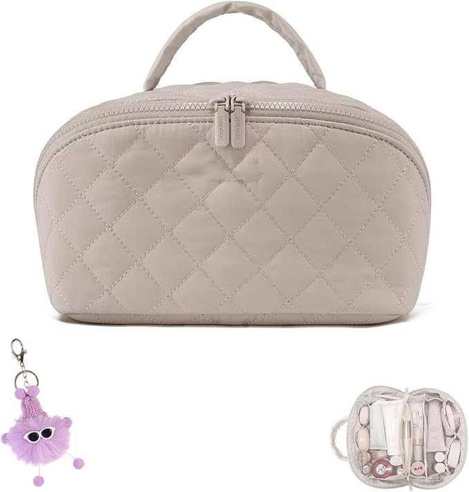 Makeup Bag for Woman, 180° Lay Flat Wide Open Makeup Bags, Large Fold out Washable Cosmetic Case, Quilted Puffy Toiletry Bags for Toiletries (Khaki)