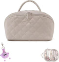 Makeup Bag for Woman, 180° Lay Flat Wide Open Makeup Bags, Large Fold out Washable Cosmetic Case, Quilted Puffy Toiletry Bags for Toiletries (Khaki)