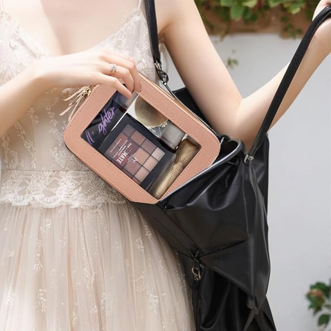 Clear Makeup Bag, Travel Cosmetic Organizer Case Waterproof Skincare Toiletry Bag with Zipper Portable Make Up Pouch Compact Car Organizer Bag for Essentials (Large Dark Pink)