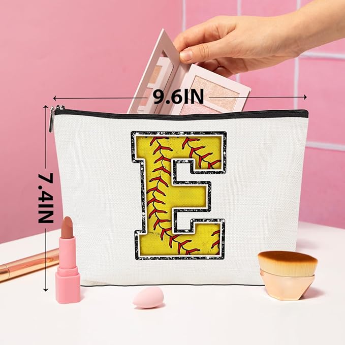 Initial Makeup Bag Monogrammed Cosmetic Bag Letter E Zipper Pouch Softball Accessories for Girls Women Player Coach Niece Graduation Birthday Gifts