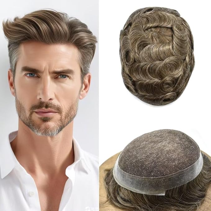 FACE MIRACLE Hair System for Men French Lace Mens Toupee Human Hair Replacement System Lace with PU Toupee for Men Male Hair Piece Wigs 6"X8" #740 7# VERY LIGHT BROWN WITH 40% SYNTHETIC GREY