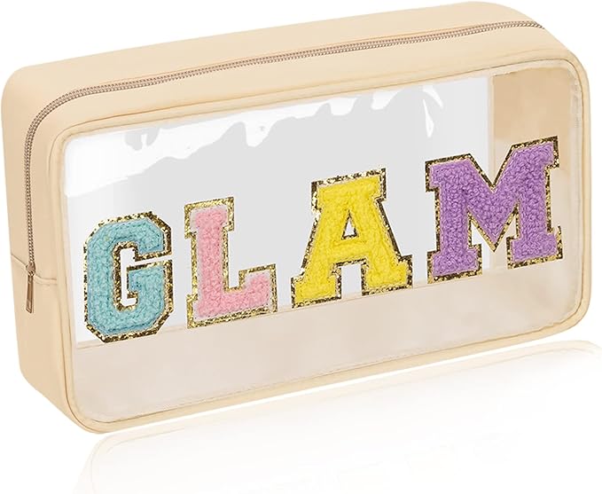 Iqimott Clear Patch Makeup Bag Monogram Pouch, Preppy Personalized Chenille Letter Cosmetic Pouch for Travel, Nylon Waterproof Organizer Travel Essentials Zipper Toiletry Bags for Women Girls(Beige)