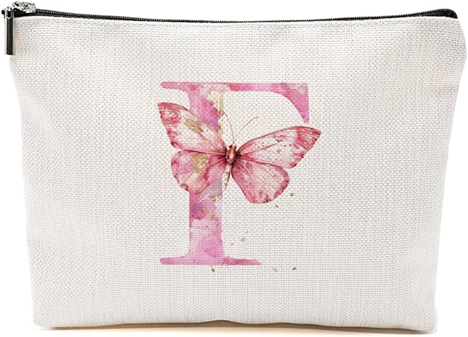 Initial Makeup Bag Pink Butterfly F Personalized Cosmetic Bag Monogrammed Gifts for Women Girls Bride Friends Monogram Zipper Pouch for Friendship Mothers Day Birthday Wedding Bridal Shower Gifts