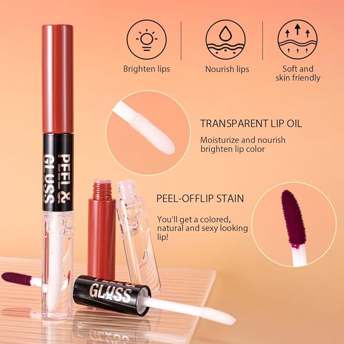 Maroon Peel off Lip Stain Lip Oil Dual Ended Combo Set with Tweezer, 2 in 1 Lips Liner Stain Oil Long Lasting Waterproof, High Pigmented Flawless Lips Tint Stick Not Faded Vegan & Cruelty-free
