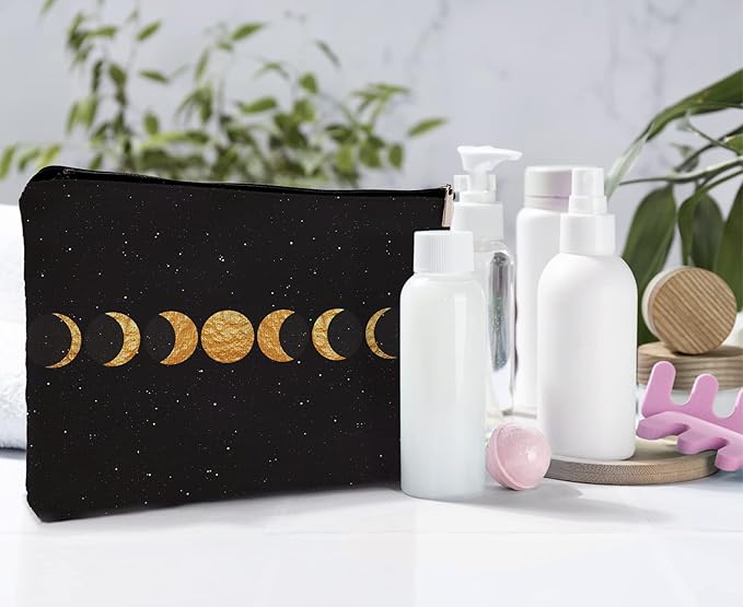 Abstract Boho Minimalist Moon Phases Cosmetic Bag, Mid Century Bohemian Modern Art Makeup Bag Zipper Cosmetic Pouch Bag Travel Linen Makeup Organizer, Boho Gifts for Women Teen Girls Her Teens