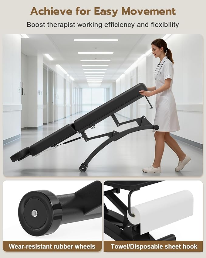 Paddie 550lbs Electric Lift Massage Table Professional for Treatment/Facial/Beauty/Spa/Physical Therapy, Adjustable Backrest/Face Cradle/Rolling Wheels, Black