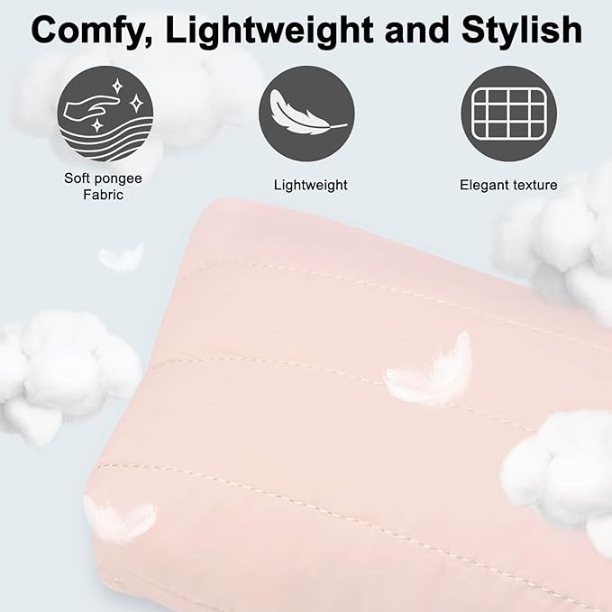DOB SECHS Quilted Makeup Bag with Handle Detachable Cute Puffy Cotton Cosmetic Bags for Women, Small Puffer Toiletry Zipper Make Up Pouch, Quilt Clutch Bag Travel Organizer Storage Pouches Case, Pink
