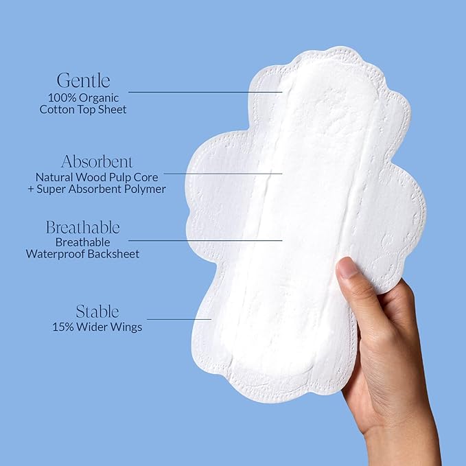 100% Organic Pads for Women, Organic Cotton Cover Pad - Regular Absorbency, Unscented, Ultra Thin Pads with Wings for Women (Regular, Size 3, 18 Count)
