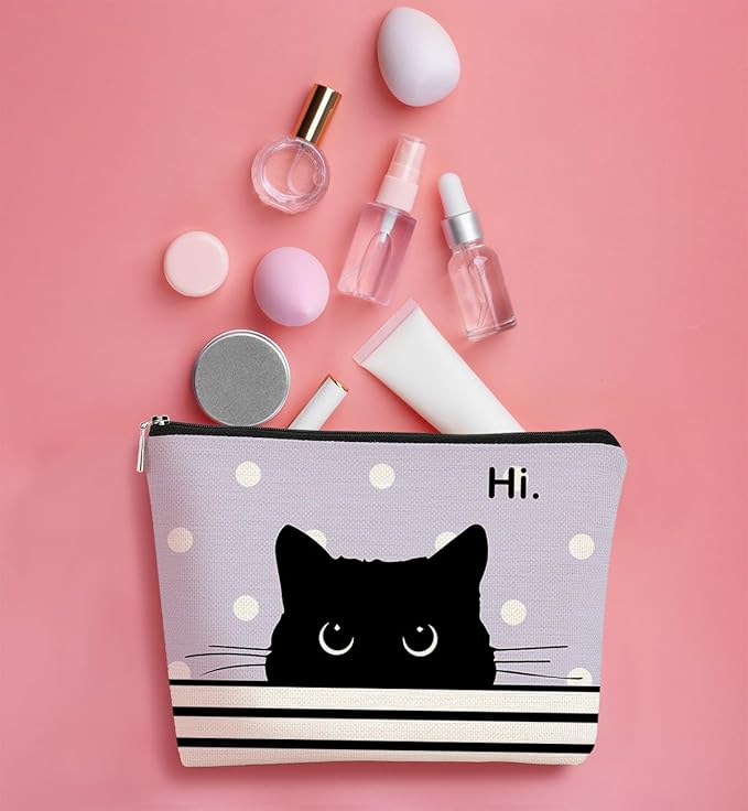 Cat Makeup Bag - Small Cute Cosmetic Bag for Women & Girls, Black & Purple Polka Dot Cat Lady Gifts