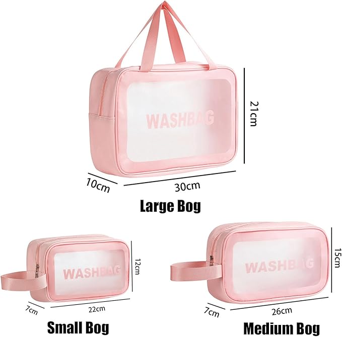 Clear Travel Bags for Toiletries,3 Pack Toiletry Bag,Matte Translucent Toiletry Bag,Makeup Bag With Handy Handle,Travel Pouch,Makeup Cosmetic Organizer for Travel Essentials(Pink)