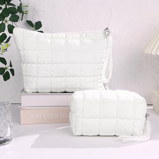 Richeart Makeup Bag Travel Toiletry Bag - Checkered Down Cotton Makeup Pouch for Women with Cosmetic and Pencil, Aesthetic White Design, 2 Pieces