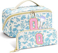 Personalized Travel Makeup Bag Set,Initial Travel Cute Floral Makeup Organizer Bag,Toiletry Skincare Cosmetic Bag,Christmas Gifts for Women/Girls,Open Flat Toiletry Pouch with Brush Pocket-Q