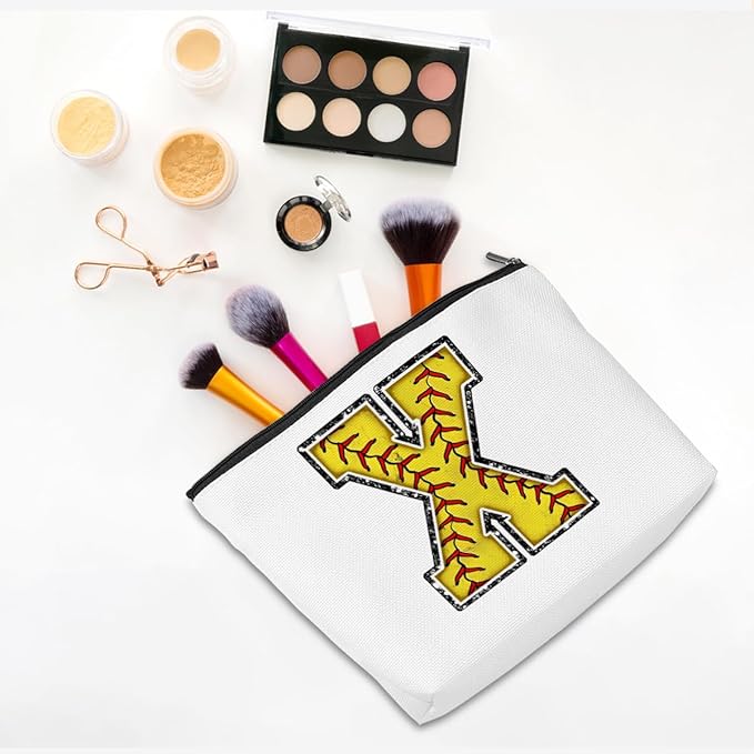 Softball Gifts Initial Makeup Bag Monogrammed Cosmetic Bag Letter X Zipper Pouch Softball Accessories for Girls Women Softballs Player Coach Friend Softballs Stuff Graduation Birthday Gifts