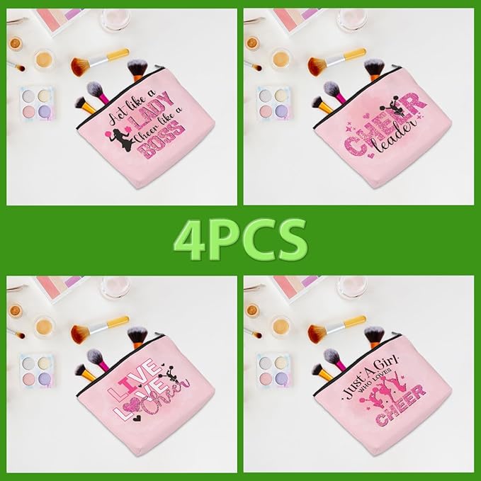 Cheerleader Gifts, 4 Pcs Cheer Makeup Bag Cheer Gifts Cheer Stuff Cosmetic Bag Cheerleading Gifts for Women Girls Friends Teammates Travel Toiletry Bag, Graduation Birthday Gifts Cheer Team Gifts