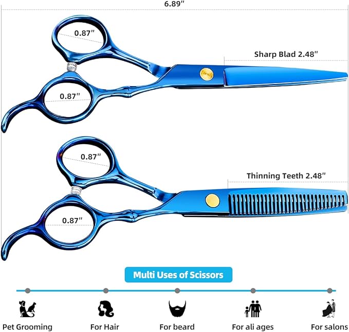 Professional Hair Cutting Scissors Sets Stainless Steel Barber Hairdressing Scissors Multifunctional Salon Thinning Scissors Straight Shears Tools for Men Women Home Use (Blue)