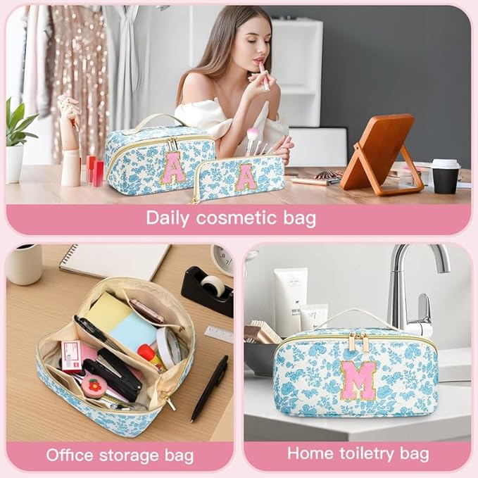 Personalized Travel Makeup Bag Set,Initial Travel Cute Floral Makeup Organizer Bag,Toiletry Skincare Cosmetic Bag,Christmas Gifts for Women/Girls,Open Flat Toiletry Pouch with Brush Pocket-P