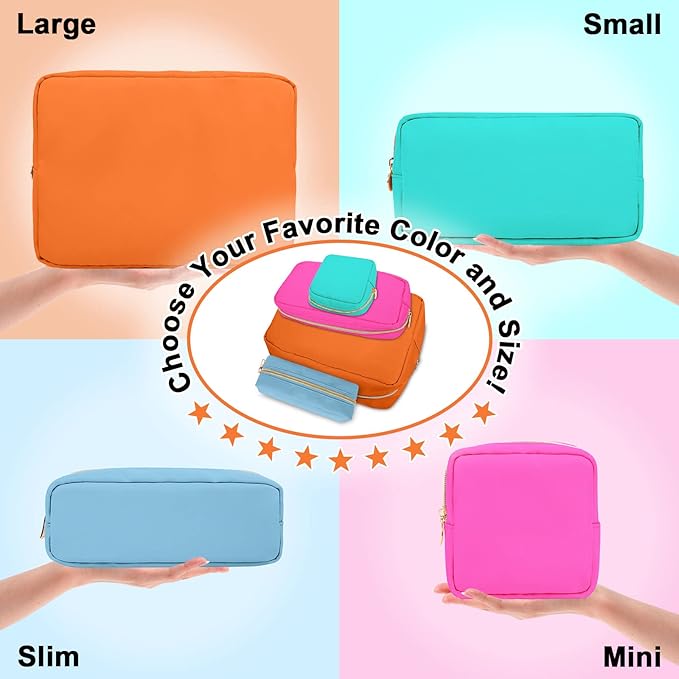 Izuzta Nylon Small Makeup Bag Slim Pouch, Preppy Cute Brush Case, Cosmetic Zipper for Purse, Waterproof Travel Toiletry Clutch Coin Organizer for Women Girls (Orange)