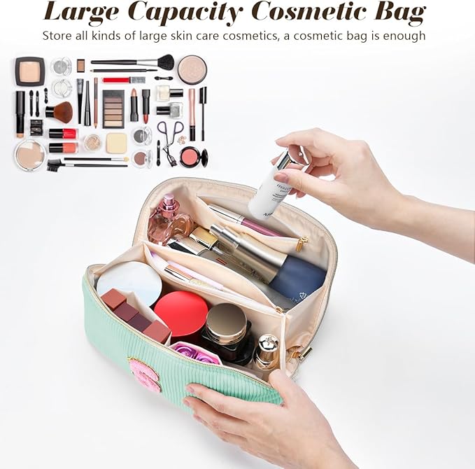 Personalized Initial Makeup Bag,Christmas Gifts for Girl,Preppy Bag Cosmetic Travel Bag Women,Travel Toiletry Organizer,Large Capacity Corduroy Stuff Bag,Cute Cosmetic Pouch Skincare Bag-Q