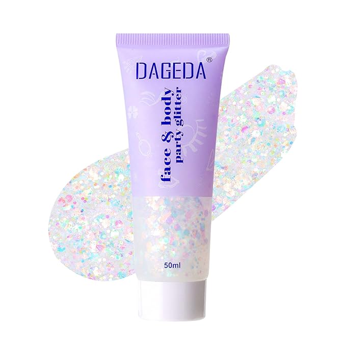 DAGEDA Rainbow Color Body Glitter Gel, Holographic Face Glitter Body Gel Rave Party Accessories, Chunky Glitters for Face Hair Nails, Cosmetic Laser Powder Festival Sequins Paint Makeup
