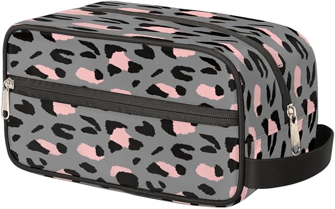 Grey Leopard Cheetah Print Travel Toiletry Bag for Women Men Lightweight Cosmetic Makeup Bag Organizer Waterproof Shaving Bag Dopp Kit with Large Capacity for Toiletries and Shaving Accessories