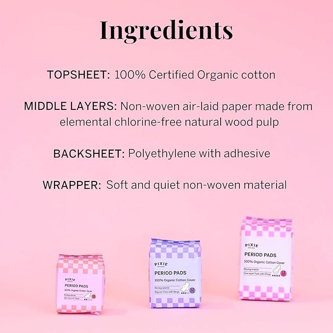 Pixie Organic Cotton Overnight Pads for Women - Extra Heavy Absorbency with Wings - Leak-Proof, Hypoallergenic & Unscented for Feminine Care - Compostable, Biodegradable - 12 Count