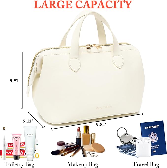 Travel Makeup Bag, Large Wide-open Cosmetic Bag Make Up Organizer Case for Women, Waterproof PU Leather Toiletry Bag Skincare Pouch for Toiletries Accessories Brushes